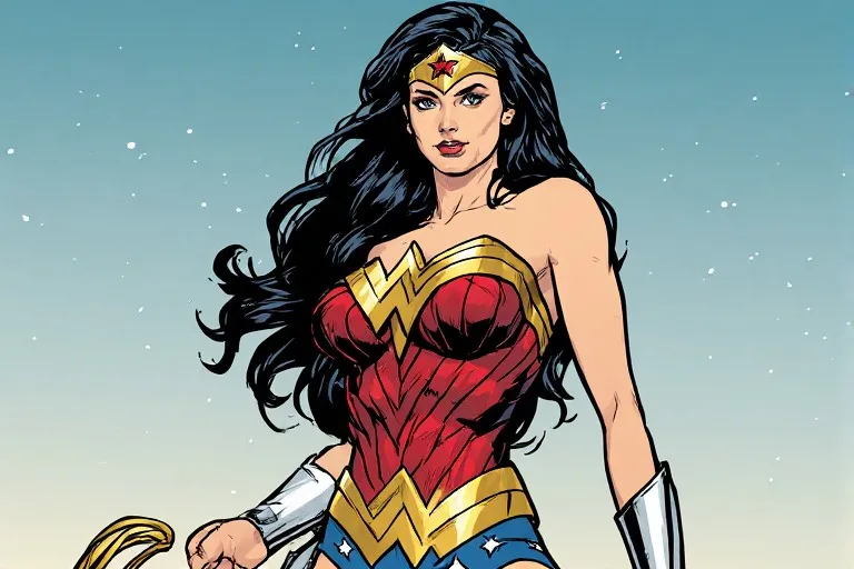 Illustration of Absolute Wonder Woman in classic red, gold, and blue suit with long dark hair, tiara, silver bracelets, and golden lasso.