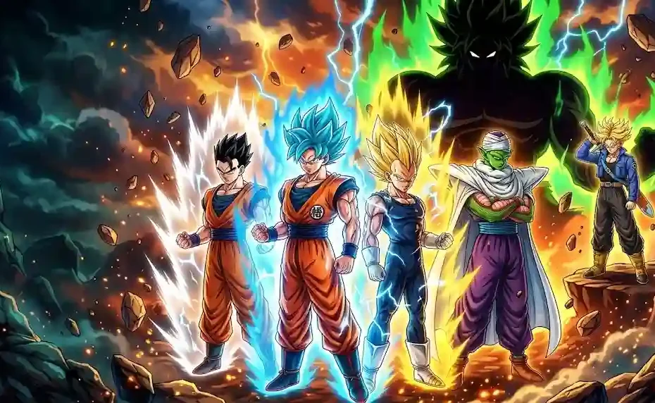 Dragon Ball Z characters featuring Goku, Vegeta, Gohan, Piccolo, Trunks, and Broly