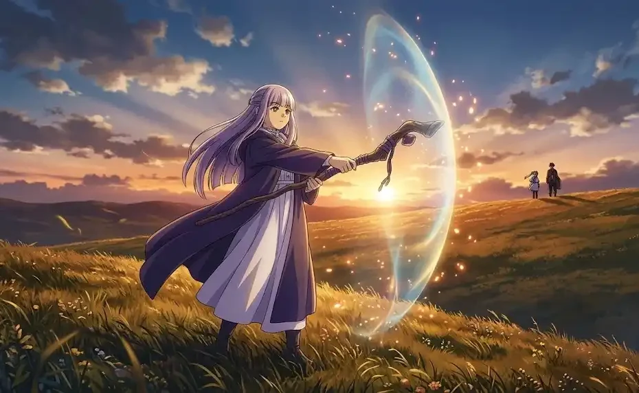 Fern frieren casting a glowing magical shield spell on a hilltop during golden hour with Frieren and Stark in the background.