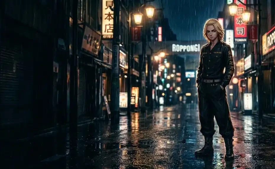 mikey tokyo revengers standing in black Toman uniform on rainy street