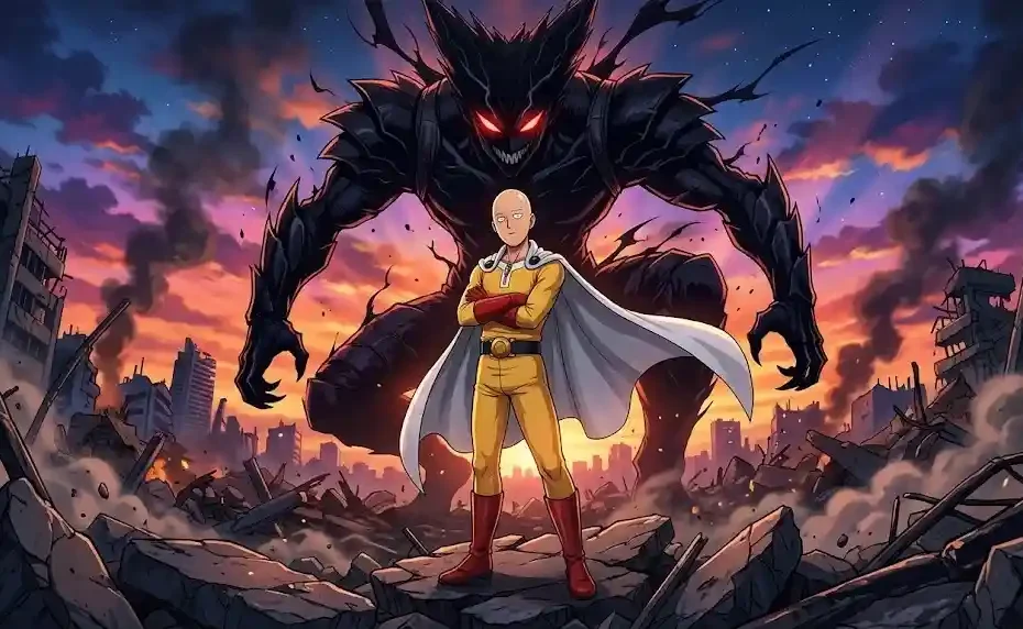 Saitama standing calmly in front of Monster Garou in a destroyed city, iconic One Punch Man visual