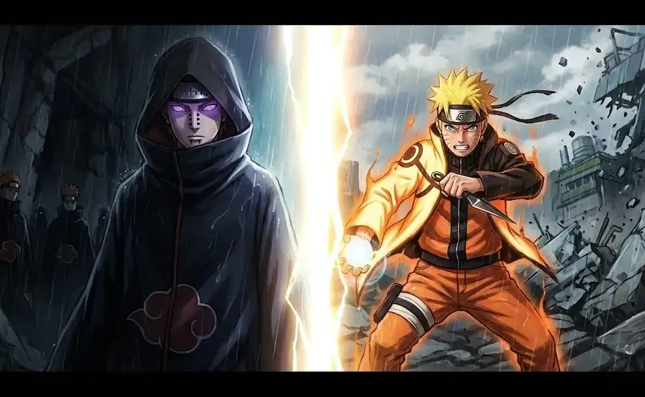 pain naruto epic battle wallpaper with Rinnegan eyes and orange chakra