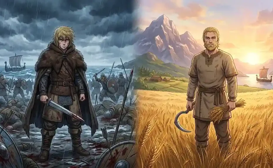 Cinematic split illustration inspired by Vinland Saga showing young warrior Thorfinn on a cold battlefield on the left and peaceful older Thorfinn in a golden wheat field at sunrise on the right.