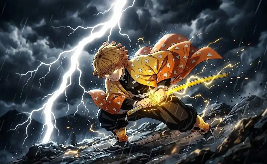 Zenitsu Agatsuma in sleeping stance with glowing yellow eyes and Nichirin sword during Thunder Breathing attack