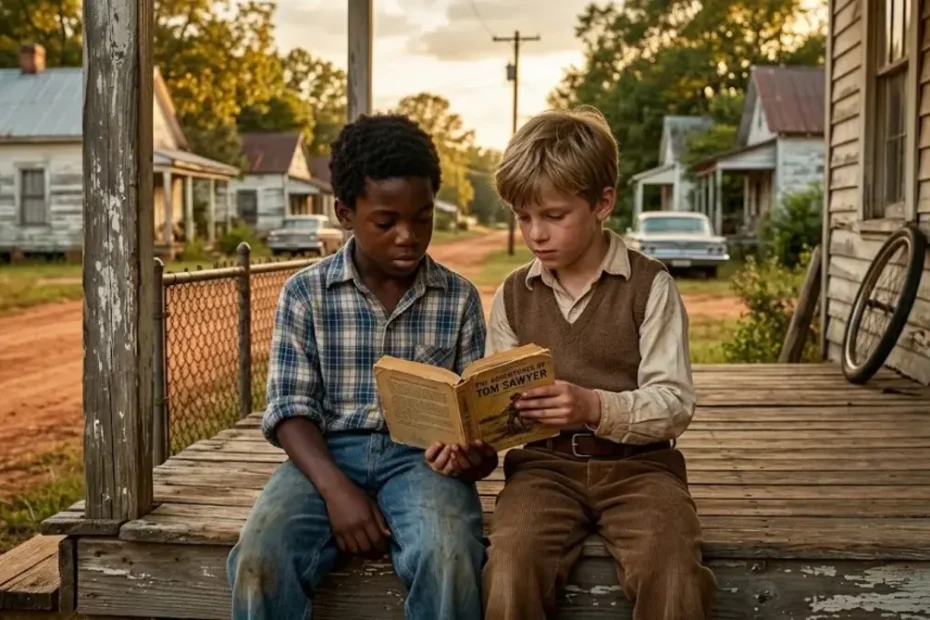 Resurrection Boy novel scene showing two young friends on a Southern porch in the 1960s